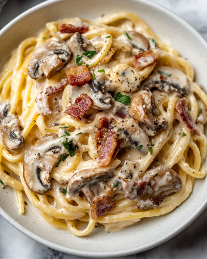 Creamy Bacon and Mushroom Pasta 3 Showcase a cheesy casserole with elbow macaroni layered with seasoned ground beef creamy melted cheese and a crispy breadcrumb 31