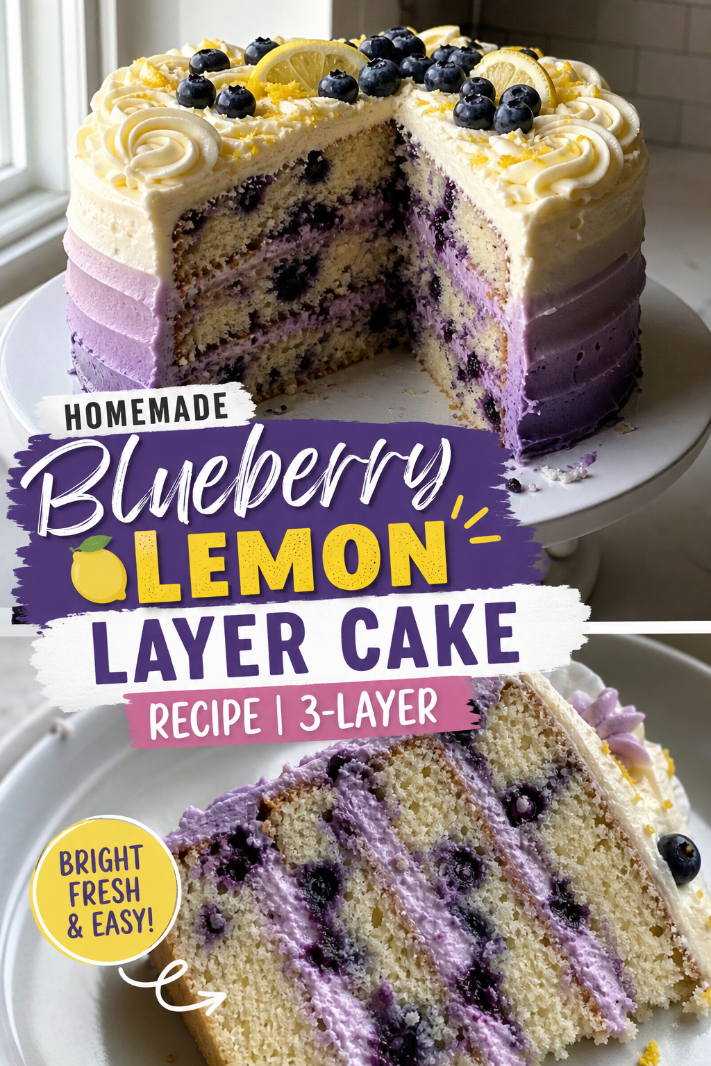 This Three-Layer Blueberry Lemon Cake Tastes Like a Bakery Masterpiece — Pinterest pin
