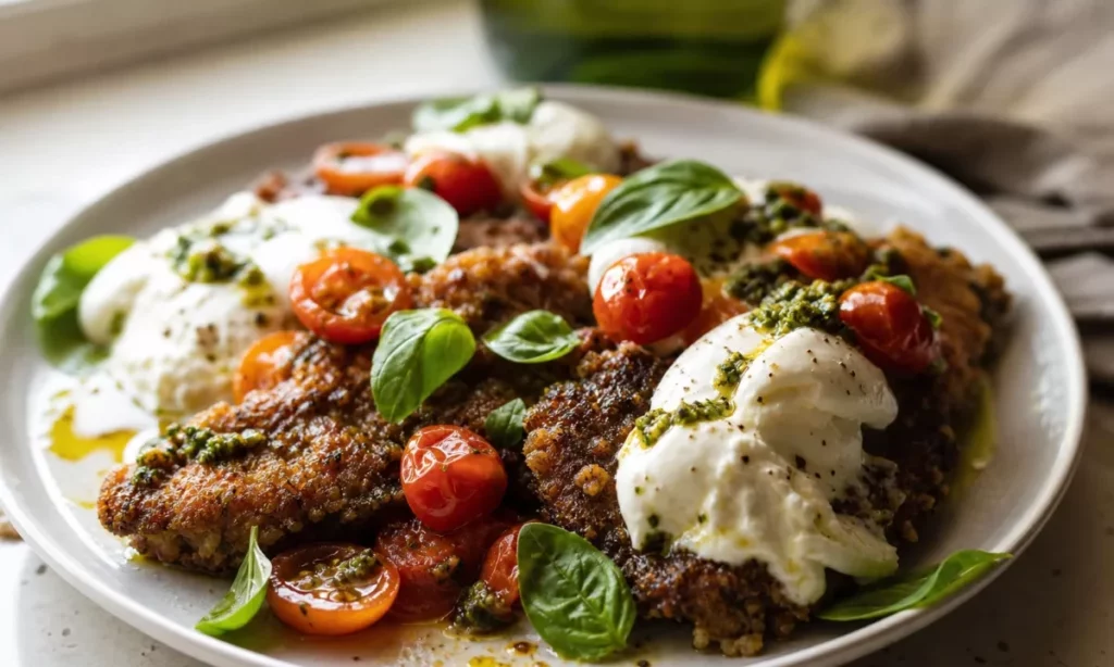 This Pesto Chicken Saltimbocca with Burst Tomatoes and Burrata Tastes Like a Restaurant Dinner 1 Pesto Chicken Saltimbocca with Burst Tomatoes and Burrata