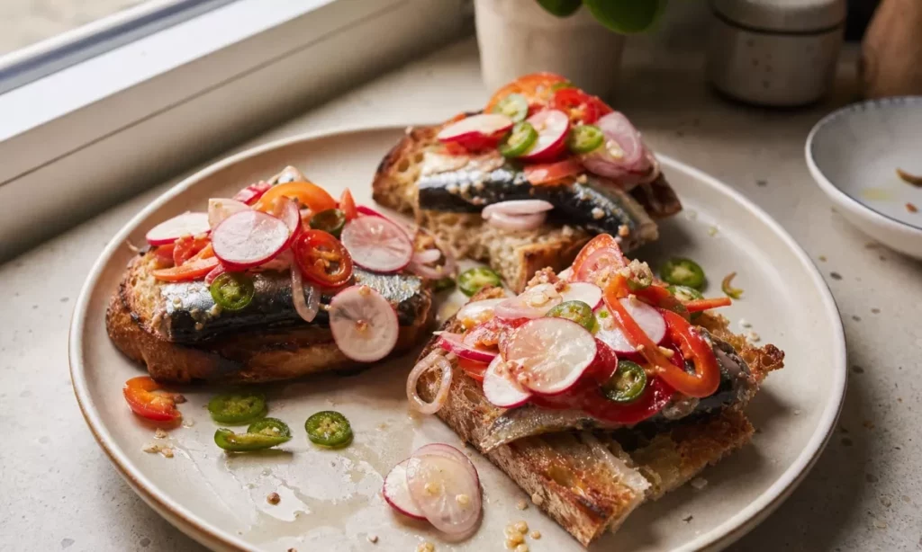 This Spicy Marinated Vegetables and Sardines on Toast Tastes Like a Restaurant Dinner 1 Spicy Marinated Vegetables and Sardines on Toast