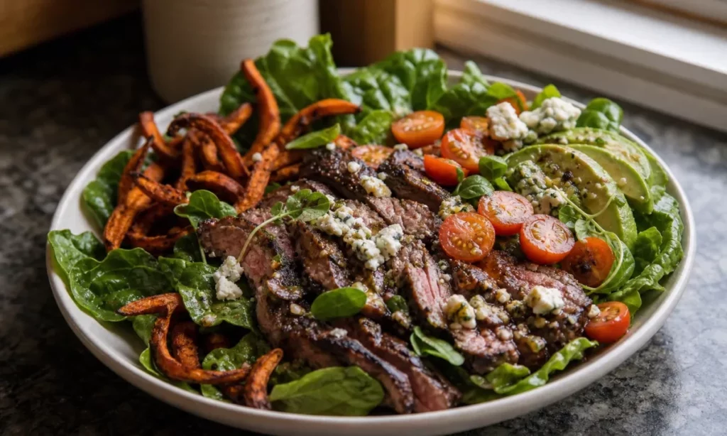 This Sweet Potato Fry Steak Salad with Blue Cheese Butter Tastes Like Restaurant Dinner 1 Sweet Potato Fry Steak Salad with Blue Cheese Butter