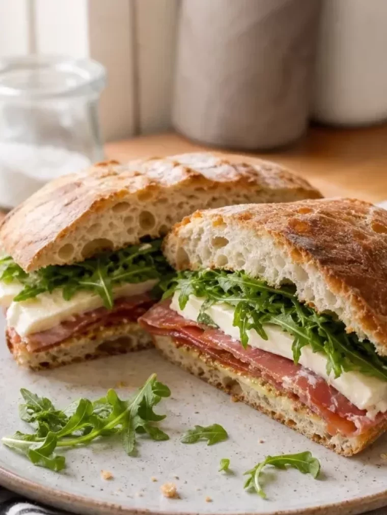 This Brie and Prosciutto Sandwich Tastes Like Something From a European Café 2 Picnic Style Brie and Prosciutto Sandwich served on a plate and ready to eat