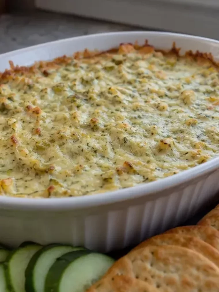 This Cheesy Dill Pickle Dip Disappears Fast at Every Party 2 Cheesy Dill Pickle Dip served on a plate and ready to eat