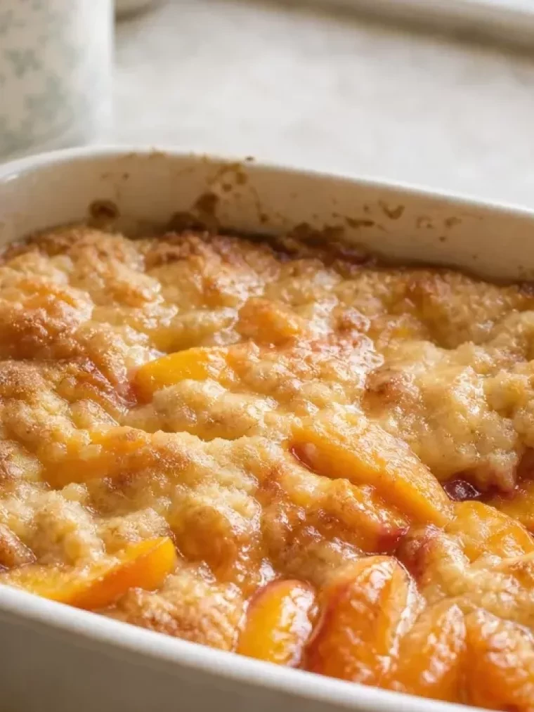 This Simple Peach Dump Tastes Like Something From a Fancy Bakery 2 Nonnie's 5 Ingredient Peach Dump served on a plate and ready to eat