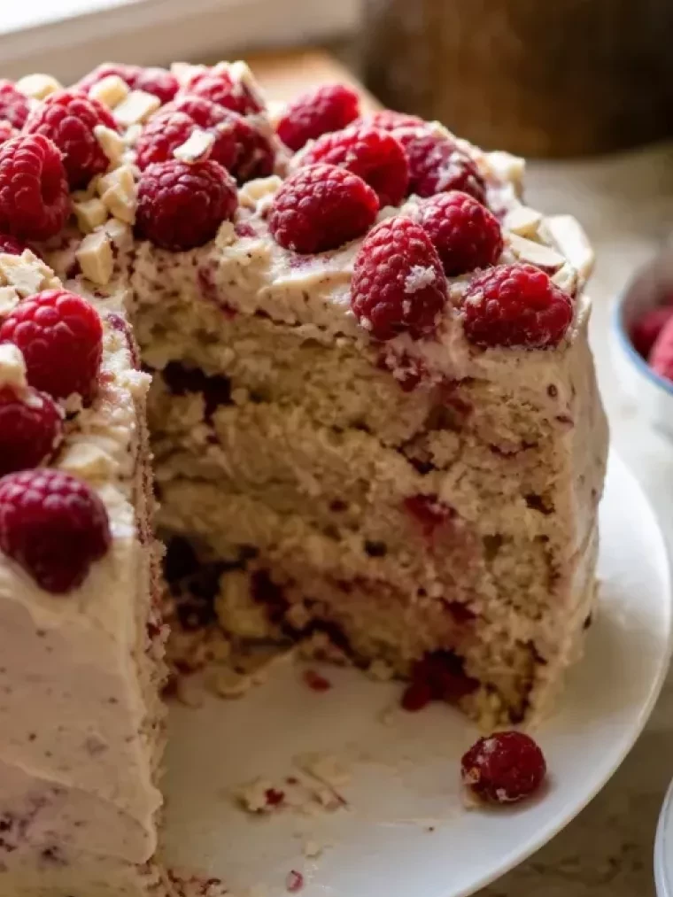 This Smashed Raspberry White Chocolate Layer Cake Tastes Like a Bakery Dessert 2 Smashed Raspberry White Chocolate Layer Cake served on a plate and ready to eat