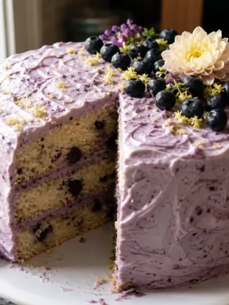 This Three-Layer Blueberry Lemon Cake Tastes Like a Bakery Masterpiece 2 Bursting Blueberry Lemon Layer Cake served on a plate and ready to eat