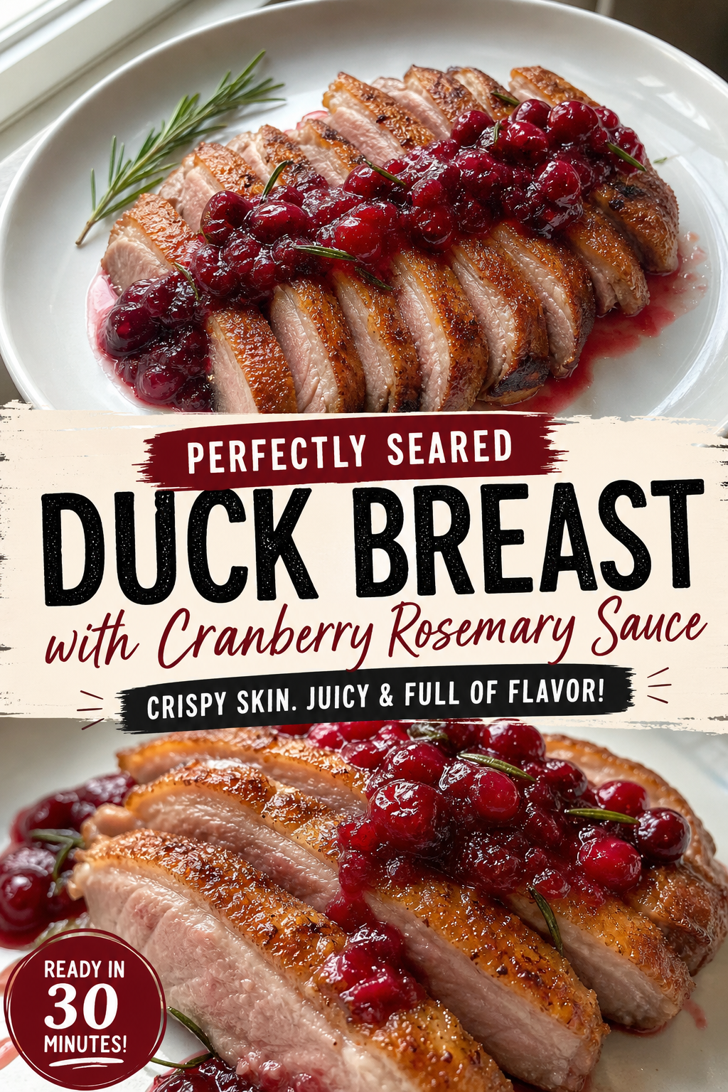This Seared Duck Breast with Cranberry Rosemary Sauce Tastes Like Restaurant Dinner — Pinterest pin
