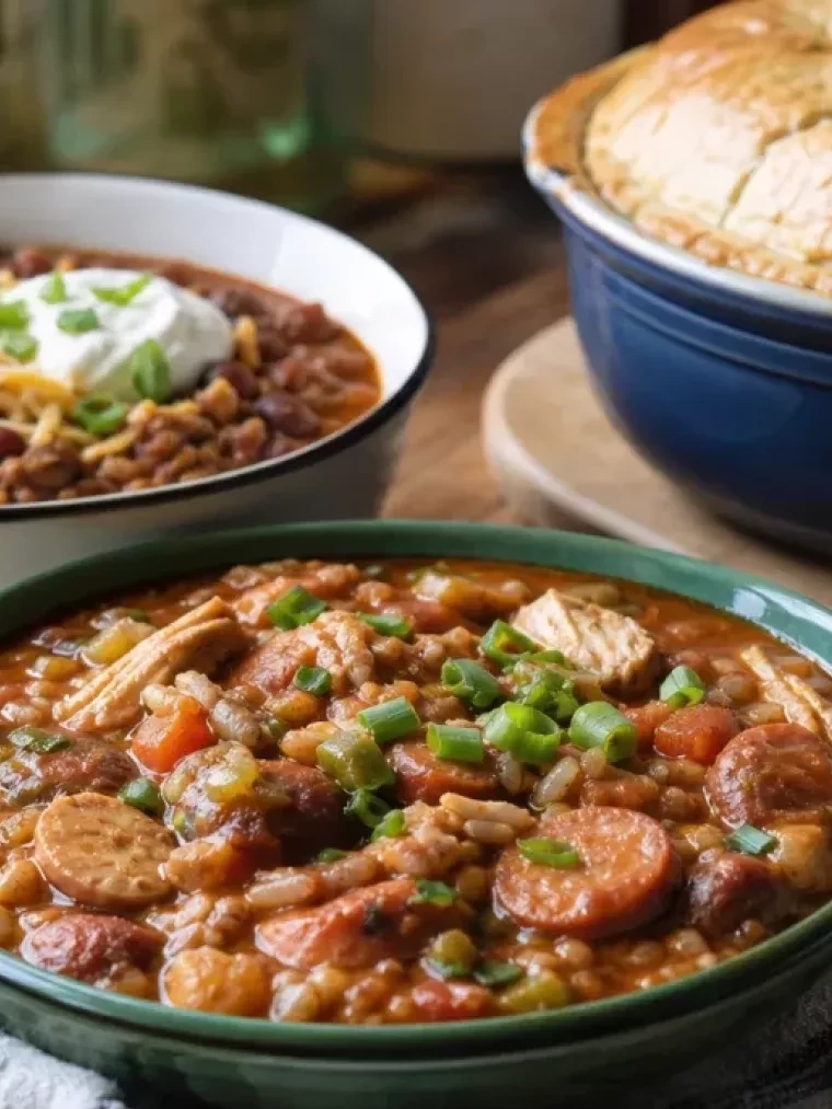The Fall Recipes That Actually Taste Like They Took Hours 2 Best Recipes to Cook During Fall: Gumbo, Chili, and Pot Pie served on a plate and ready to eat