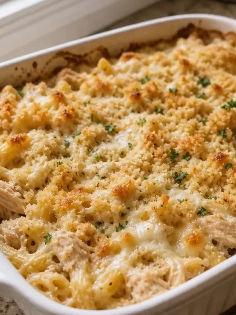 This Chicken Alfredo Casserole Tastes Like Restaurant Dinner (But It's So Easy) 2 Chicken Alfredo Casserole served on a plate and ready to eat