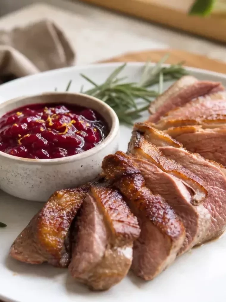 This Seared Duck Breast with Cranberry Rosemary Sauce Tastes Like Restaurant Dinner 2 Seared Duck Breast with Cranberry Rosemary Sauce served on a plate and ready to eat