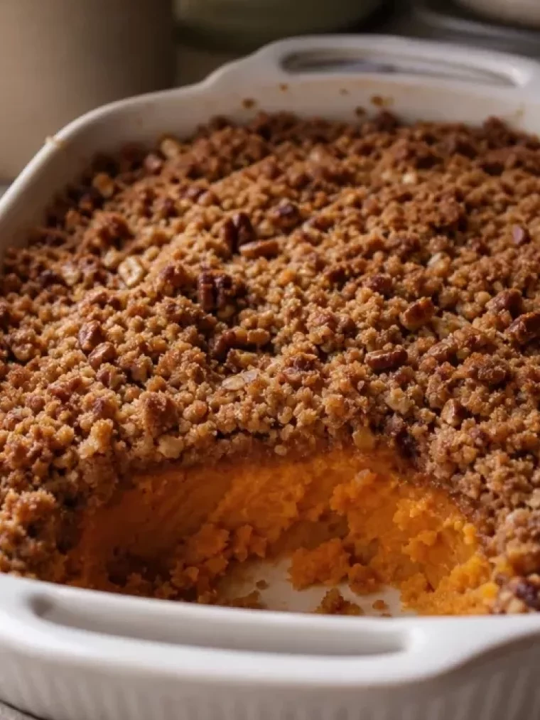 This Sweet Potato Casserole Tastes Like a Restaurant Dinner 2 Sweet Potato Casserole served on a plate and ready to eat