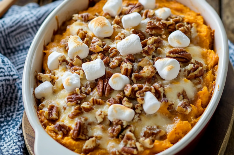 Sweet Potato Casserole with Marshmallows and Pecan Topping