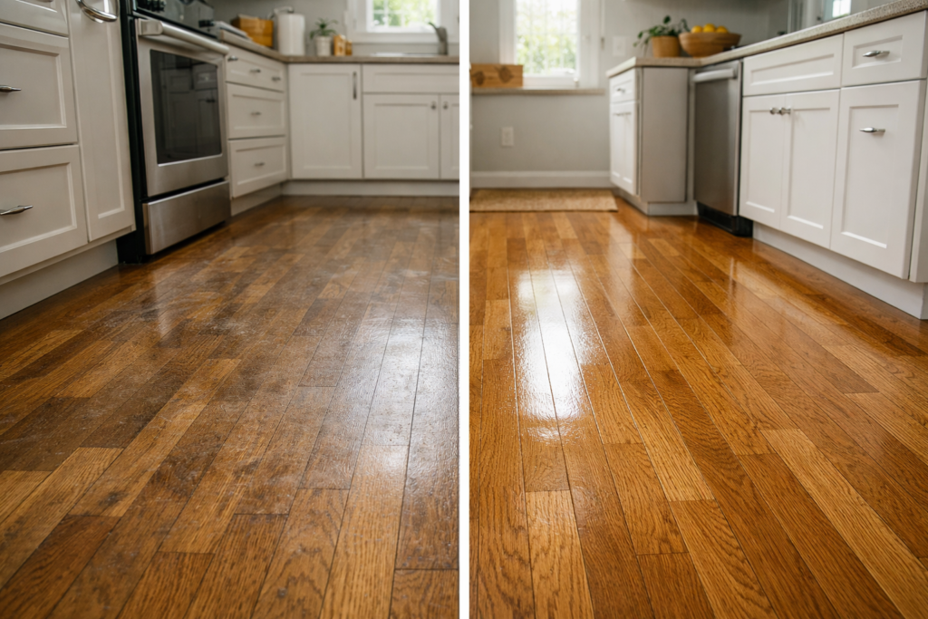 We Tested 5 Ways to Clean Hardwood Floors — One Method Made Life Much Easier 1 A sunlit kitchen with warm oak hardwood floors showing a clear before-and-after cleaning result, highlighting a smooth, clean finish after testing different hardwood floor cleaning methods.