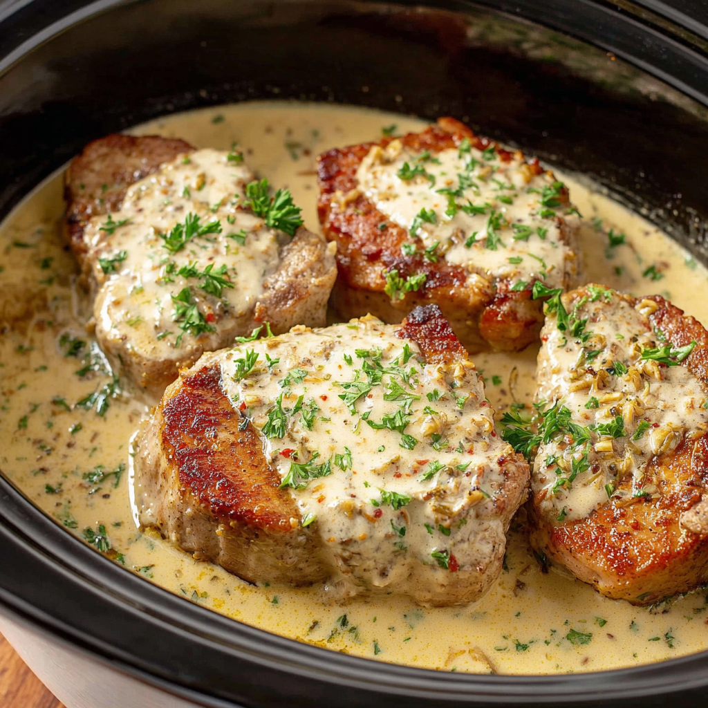 Crock Pot Creamy Garlic Parmesan Pork Chops