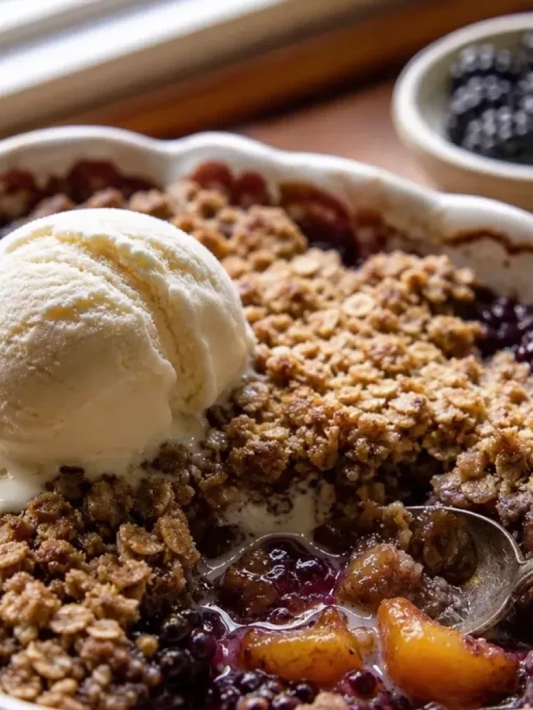 Cinnamon Maple Brown Butter Blackberry Peach Crisp served on a plate and ready to eat