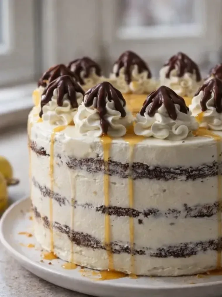 Chocolate Pear Cake with Brandy Buttercream served on a plate and ready to eat